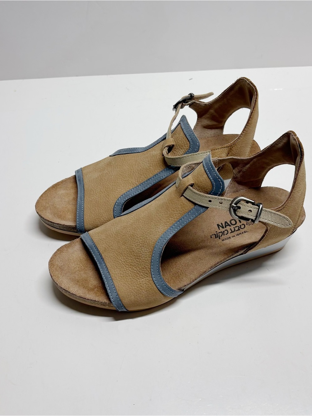 Naot Two-Tone Tan and Blue Leather Buckle Sandals